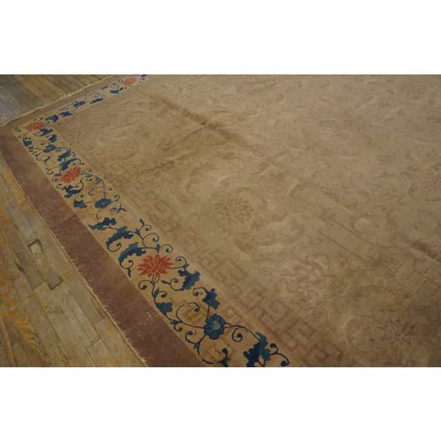 Art Deco 1920s Beige Floral Greek Key Antique Chinese Art Deco Rug 9' 0'' X11' 8'' Knotted Wool Carpet For Sale - Image 3 of 9