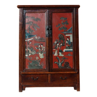 Red Antique Qing Period Chinese Lacquer Chinoiserie Book Cabinet Hand-Painted Figure Design With Birds & Flowers For Sale