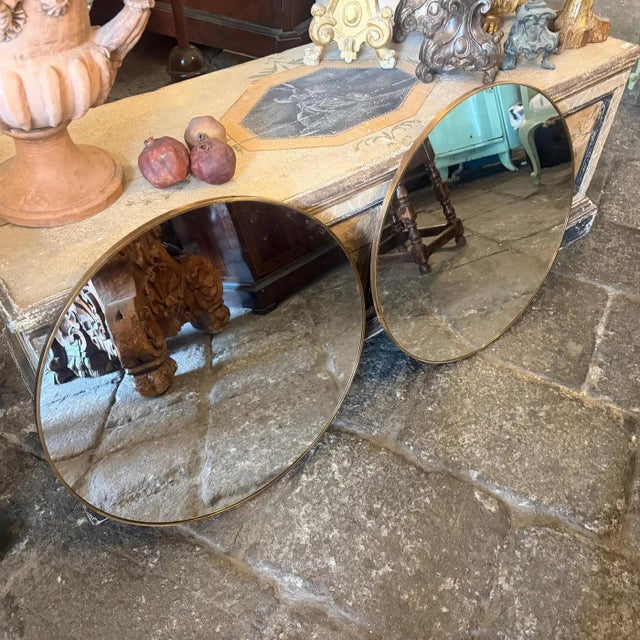 Gold Two 1980s Gio Ponti Style Mid-Century Modern Gilt Metal Round Wall Mirrors For Sale - Image 8 of 12