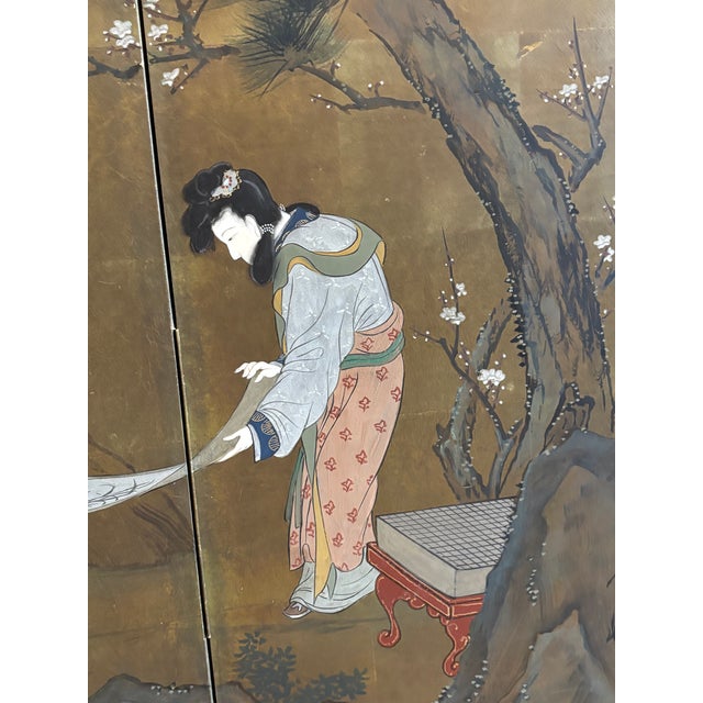 Vintage Japanese Four-Panel Byōbu Screen Female Figures in a Garden Scene For Sale In Little Rock - Image 6 of 18