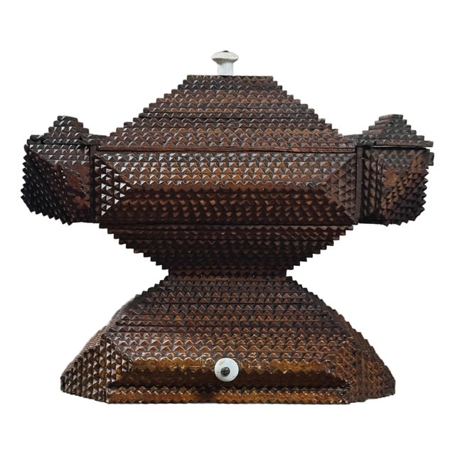 Antique Footed Pyramid Shaped Tramp Art Box With Drawer & Lid For Sale