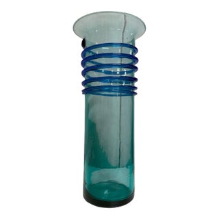 Vintage 1970s Murano Teal Art Glass Cylinder Vase With Cobalt Blue Spiral Wrap For Sale