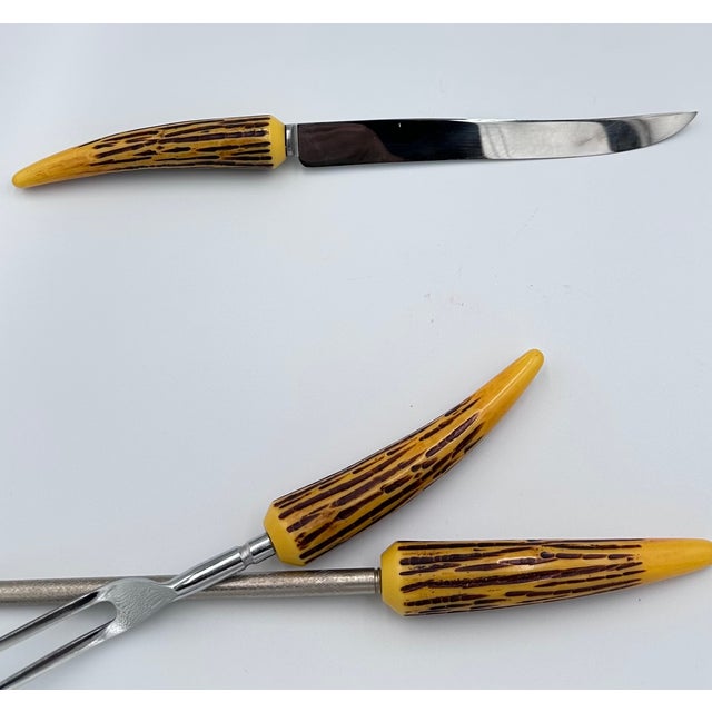 Mid-Century Modern Vintage E. Parker & Sons Sheffield Faux Antler Bakelite 3pc Carving Knife Set For Sale - Image 3 of 7