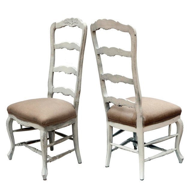 Vintage French Provincial Ladder Back Chairs W Linen Seats: A Pair For Sale - Image 4 of 11