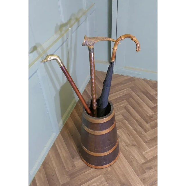 1900 - 1909 Copper and Oak Barrel Stick Stand, 1900 For Sale - Image 5 of 7