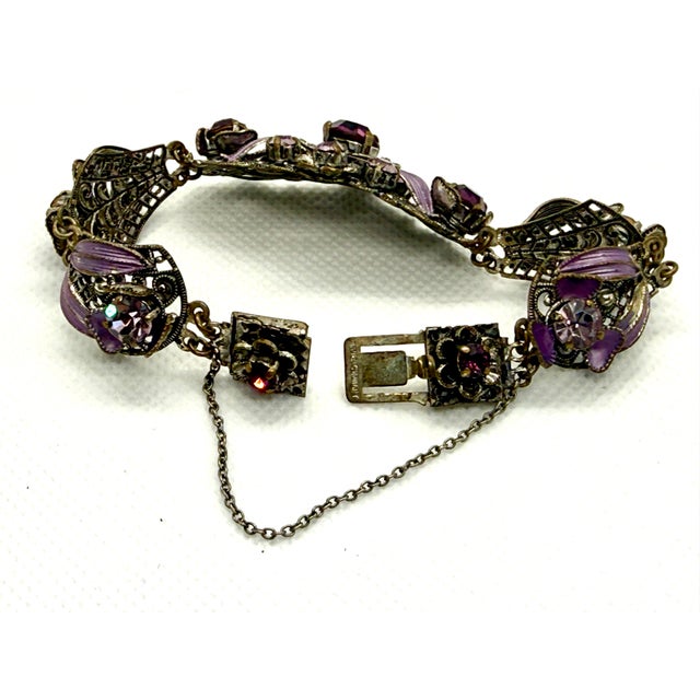 1950s Western Germany Purple Rhinestone Enamel Parure Set Bracelet Earrings Lavender For Sale - Image 5 of 6