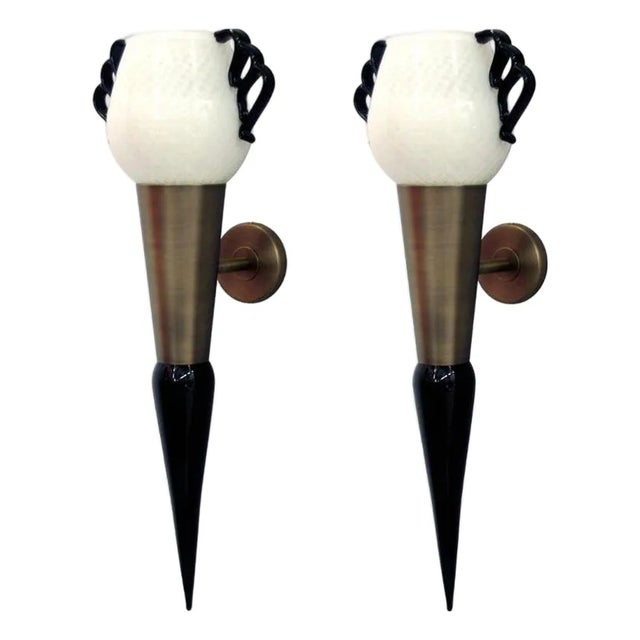 1990s Italian Sconces W/ Milky White Murano Glass - Pair For Sale