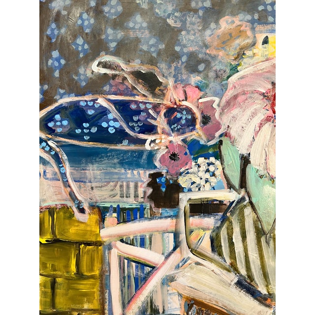 Calico Cat an original painting, with contrasting patterns and softer colors. The image size is 36x36 and there is a 2.5...