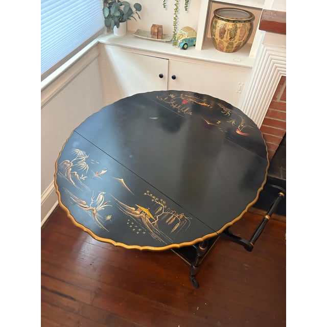 Vintage Imperial Furniture Grand Rapids Chinoiserie Bar Cart | C. 1940s | Black Lacquer, Raised Gold Chinoiserie, Drop Leaf For Sale - Image 11 of 12