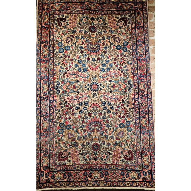 Persian Vintage Persian Kerman Lavar Area Rug, Handwoven Floral Pattern, Ivory & Blue, 3’ X 5’ For Sale - Image 3 of 12