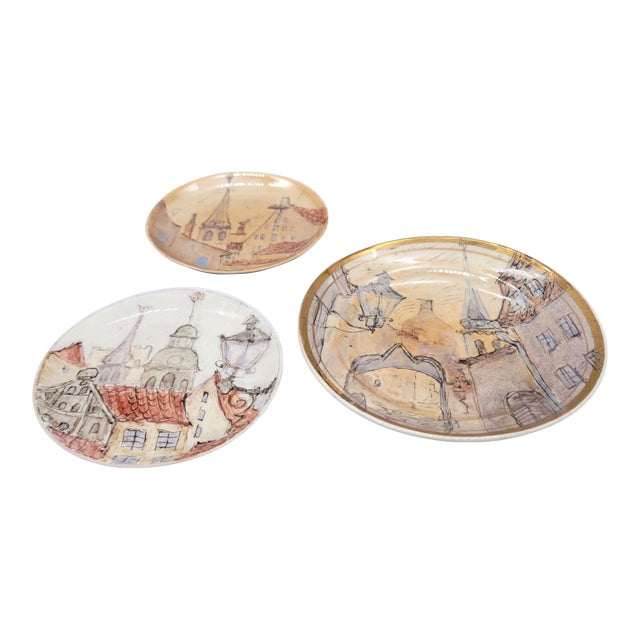Set of 3 Vintage C1970s Old Riga Porcelain Dishes Hand Painted by Milda Kalnina Brutane (1903-1979) For Sale