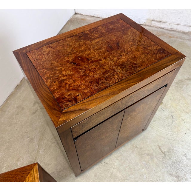 Brown Mid Century Modern Milo Baughman Style Burlwood & Walnut Nightstands For Sale - Image 8 of 12