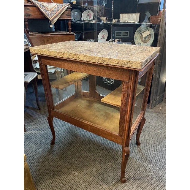 1900 - 1909 1900s Antique Oak Glass and Stone French Style Vitrine Cabinet With Velvet Interior For Sale - Image 5 of 13