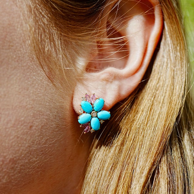 Nina Zhou Jewelry Nina Zhou 5.19ctw Turquoise, Pink Sapphire, and Diamond Blossom Earrings For Sale - Image 4 of 8