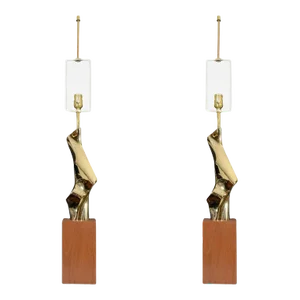 Mid-Century Goldtone Metal Sculptural Modernist Lamps - a Pair