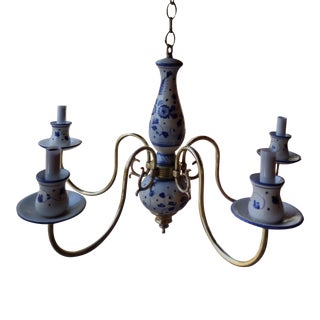 Mid 20th Century Blue and White Delft and Brass Five Arm Chandelier For Sale
