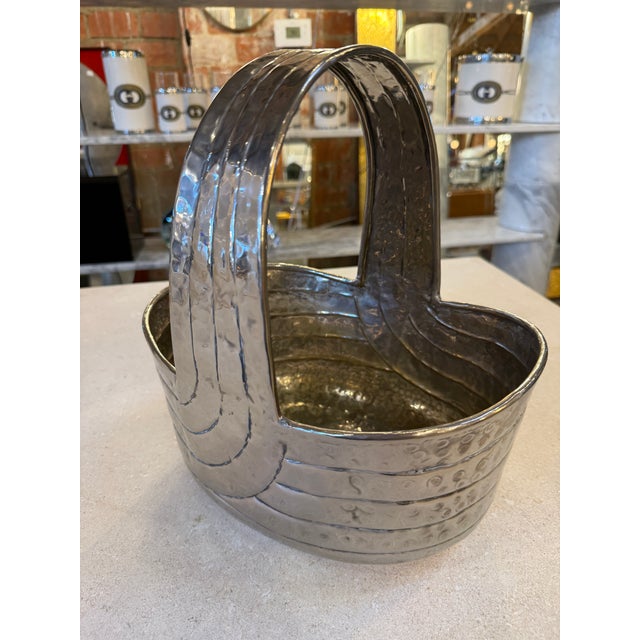 Italian Hammered Silver-Plated Basket With Sculptural Handle, 1970s For Sale - Image 4 of 7
