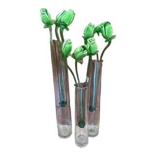 Vintage Italian Group of 9 Murano Glass Flowers in Glass Vases - 12 Pieces For Sale