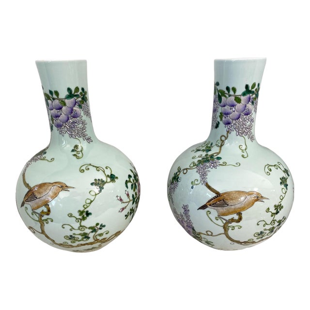 Chinoiserie Vintage Porcelain Celadon Onion Shaped Vases Set of Two 16.75 " H For Sale