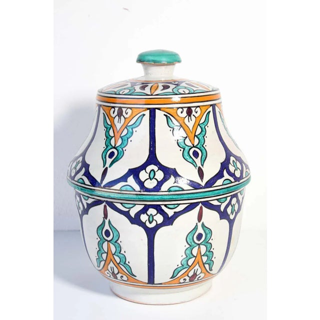 Moorish Ceramic Glazed Covered Jars Handcrafted in Fez Morocco - a Pair For Sale - Image 9 of 13