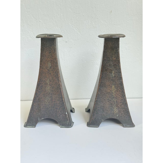 Antique Original Arts & Crafts Hammered Copper Candle Sticks a Pair C. 1905 For Sale In Seattle - Image 6 of 12