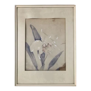 1940s Post War White Orchid Airbrush Painting on Paper by Tip Freeman, Framed