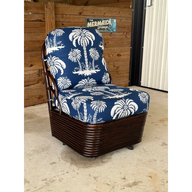 Wood Vintage Braxton Culler Stacked Rattan Swivel Lounge Slipper Chair in Thibaut Fabric For Sale - Image 7 of 13