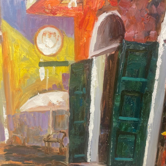 Red Vintage Mid-Century Signed Expressionist Architectural Courtyard Oil Painting – Heavy Impasto Large Street Scene For Sale - Image 8 of 12