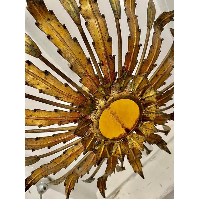 1950s Large Spanish Sunburst Flush Mount in Gilt Metal with Support, 1950 For Sale - Image 5 of 6