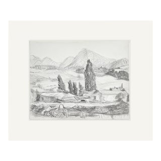 Vintage Mid-Century French Landscape Drawing on Paper With Mat For Sale