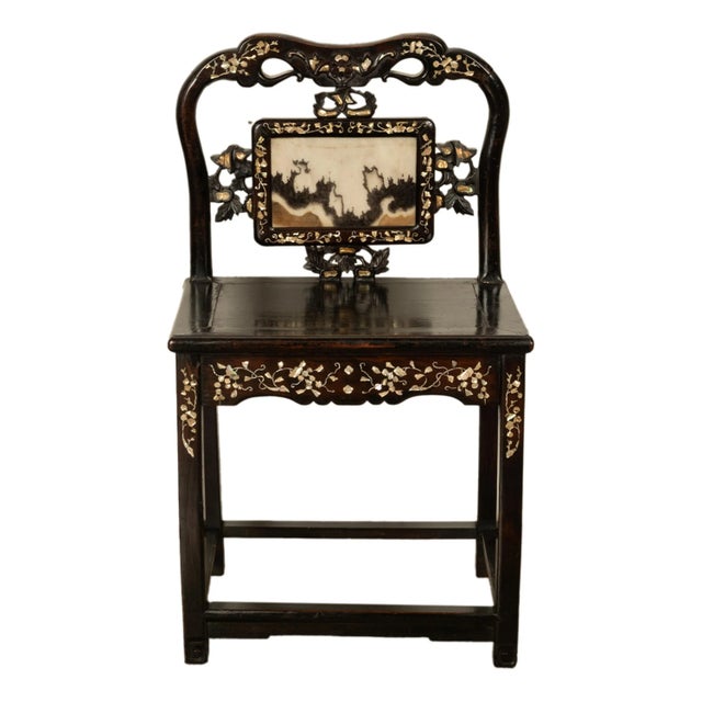Antique Chinese 19th C Qing Dynasty Inlaid Dreamstone Mother of Pearl Chair 1850 For Sale - Image 10 of 13