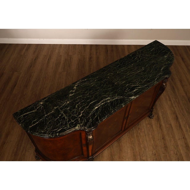 Early 20th Century Antique Marble Top Mahogany Inlaid Figural Carved Buffet Sideboard For Sale - Image 5 of 18