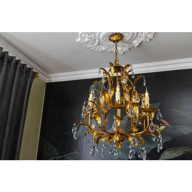 1970s Hollywood Regency Style Gilt Metal and Crystal Glass Six-Light Chandelier, Italy For Sale - Image 5 of 18