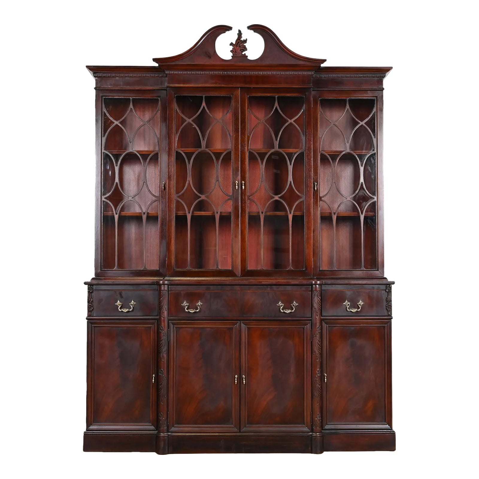 Georgian Carved Flame Mahogany Breakfront Bookcase Cabinet With