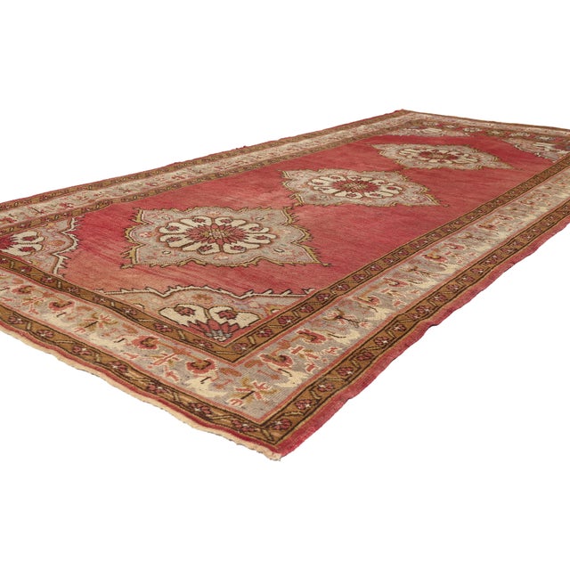 73753 Vintage Turkish Oushak Rug, 04'11 x 10'08. The Imperial Rosettes: A Vintage Turkish Oushak Masterpiece of Timeless...