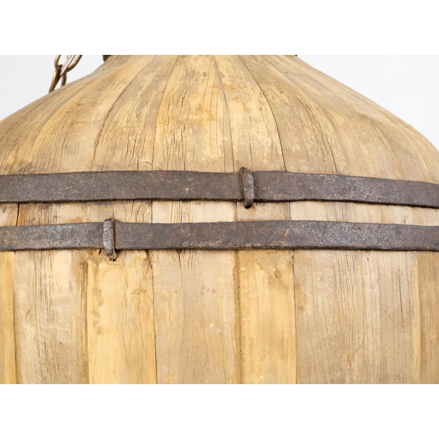 Vintage English Rustic Wooden Barrel Light Fixture with Three Scrolling Arms For Sale - Image 9 of 10