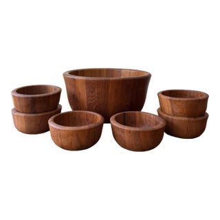 Vintage Dansk Jens Harald Quistgaard Ihq Teak Salad Centerpiece Bowl and Six Serving Bowls - Set of 7 For Sale