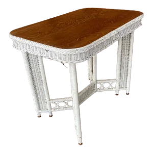 Antique Heywood Wakefield Wicker Library Table With Quartersawn Oak Top
