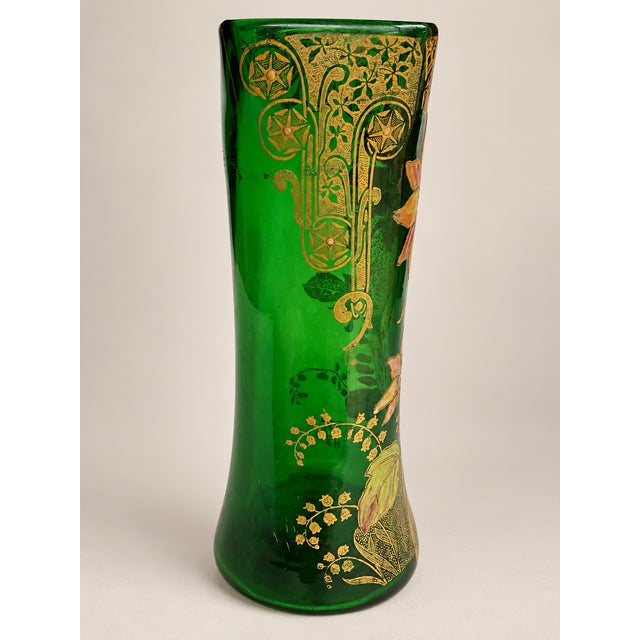 French Art Nouveau Belfort Vase in Enameled Emerald Green Glass by Legras Montjoye, 1900s For Sale - Image 4 of 12