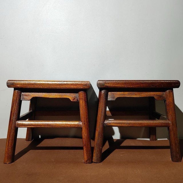 Chinese Pair of Vintage Chinese Hardwood Inlaid Mother-of-Pearl Bird & Flower Stools - 11.35 LBS For Sale - Image 3 of 9