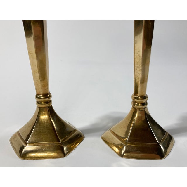 Large Vintage Tuliped Brass Candlestick Holder Pair For Sale - Image 4 of 4