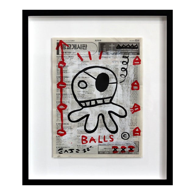Squid Pirate - Framed Original Pop Street Art Acrylic Painting on Korean Newspaper by Gary John For Sale