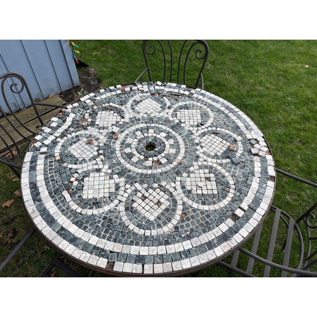 Mediterranean Patio Set Tile Top Table and 4 Chairs Wrought Iron For Sale - Image 3 of 13