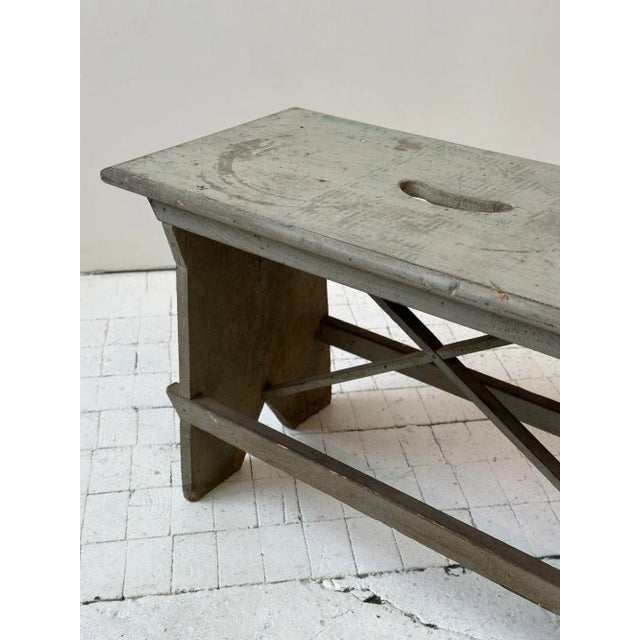 Vintage Grey-Painted Wood Bench With X-Brace Detail, Circa 1930-40s For Sale - Image 4 of 12