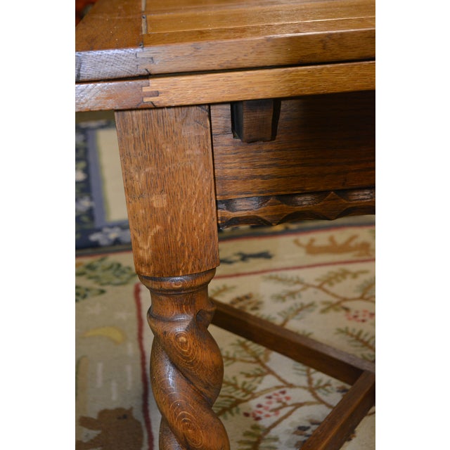 Wood Early 1900’s English Oak Barley Twist Draw - Leaf Dining Pub / Tavern Extending Table For Sale - Image 7 of 16