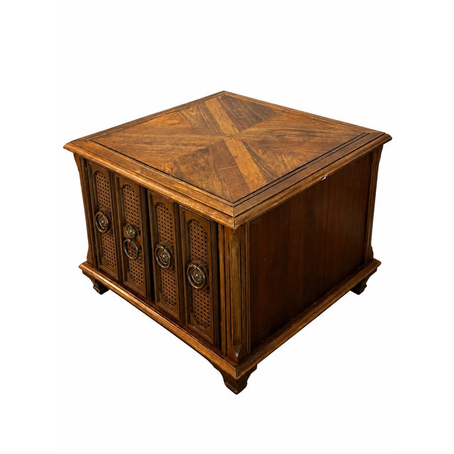 Vintage Spanish Revival Cane-Panel Storage End Table With Geometric Figured Top For Sale - Image 4 of 10