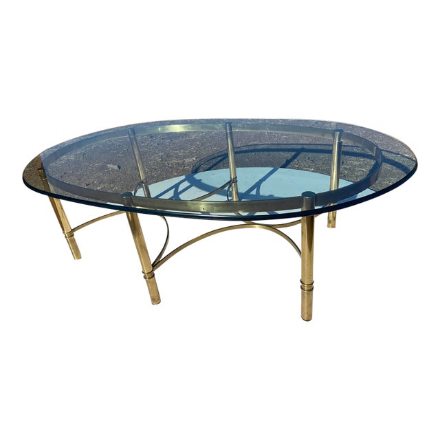 Vintage Mid Century Cocktail Labarge Style Brass and Glass Oval Coffee Table For Sale