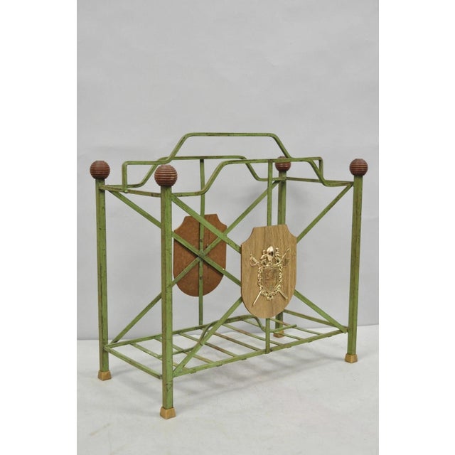 Vintage Italian Neoclassical Style Green Wrought Iron Book/Magazine Rack with Carved Wood Ball Form Finials and Shield &...
