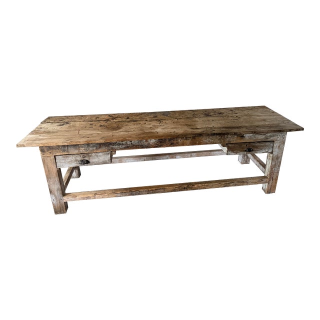 Exceptional 9 Ft Antique French Primitive 2-Drawer Work Table For Sale