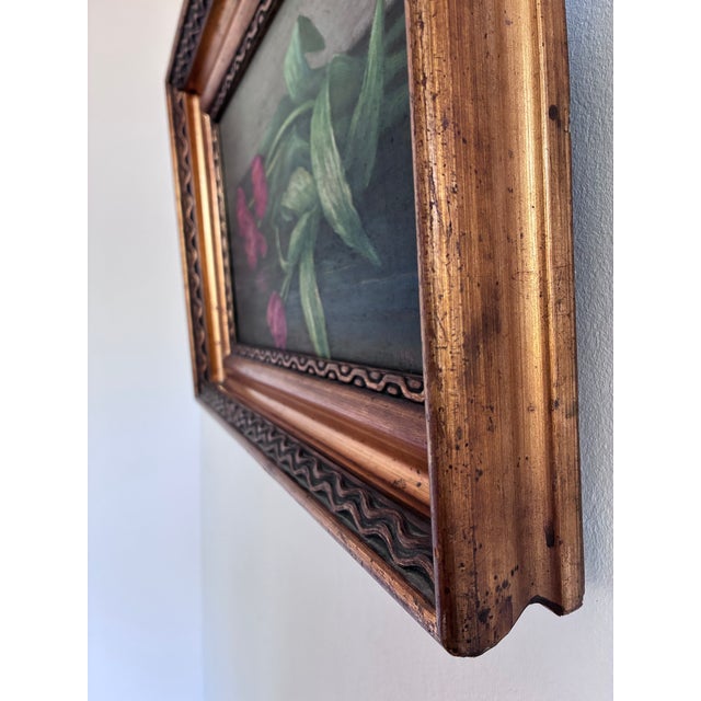 This vintage original flower oil painting from around the 1960s shows red tulips in bloom. The painting shows a bouquet of...